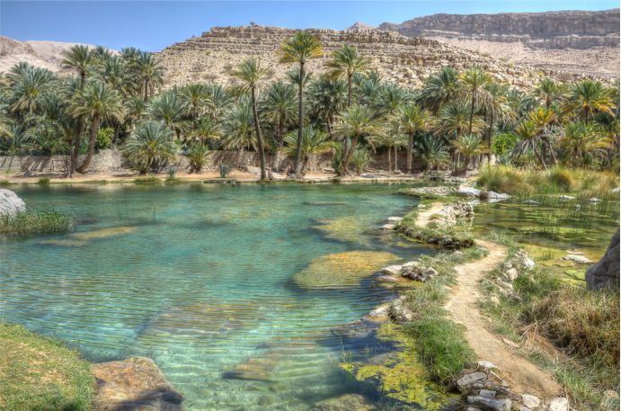 Wadi Bani Khalid, Oman - fica em um vale em Omã, faz parte da Península Arábica. Suas nascentes brotam do subterrâneo, tem formações rochosas coloridas com alta concentração de minerais. É um dos oásis mais acessíveis da Arábia - Foto: Iuliia Malega/Shutterstock